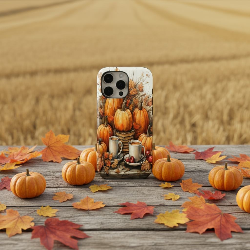 Phone case with pumpkins, coffee cups, and autumn leaves on a wooden surface