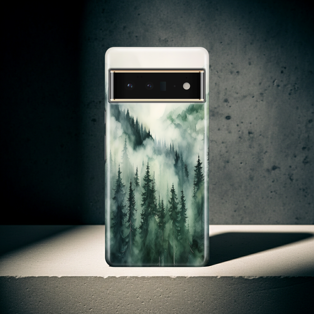 Phone case with a forest design on a dark background