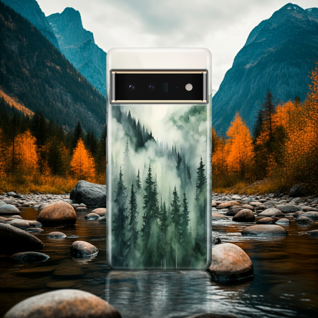 Smartphone with a nature-themed case in front of a mountainous landscape with trees and water.