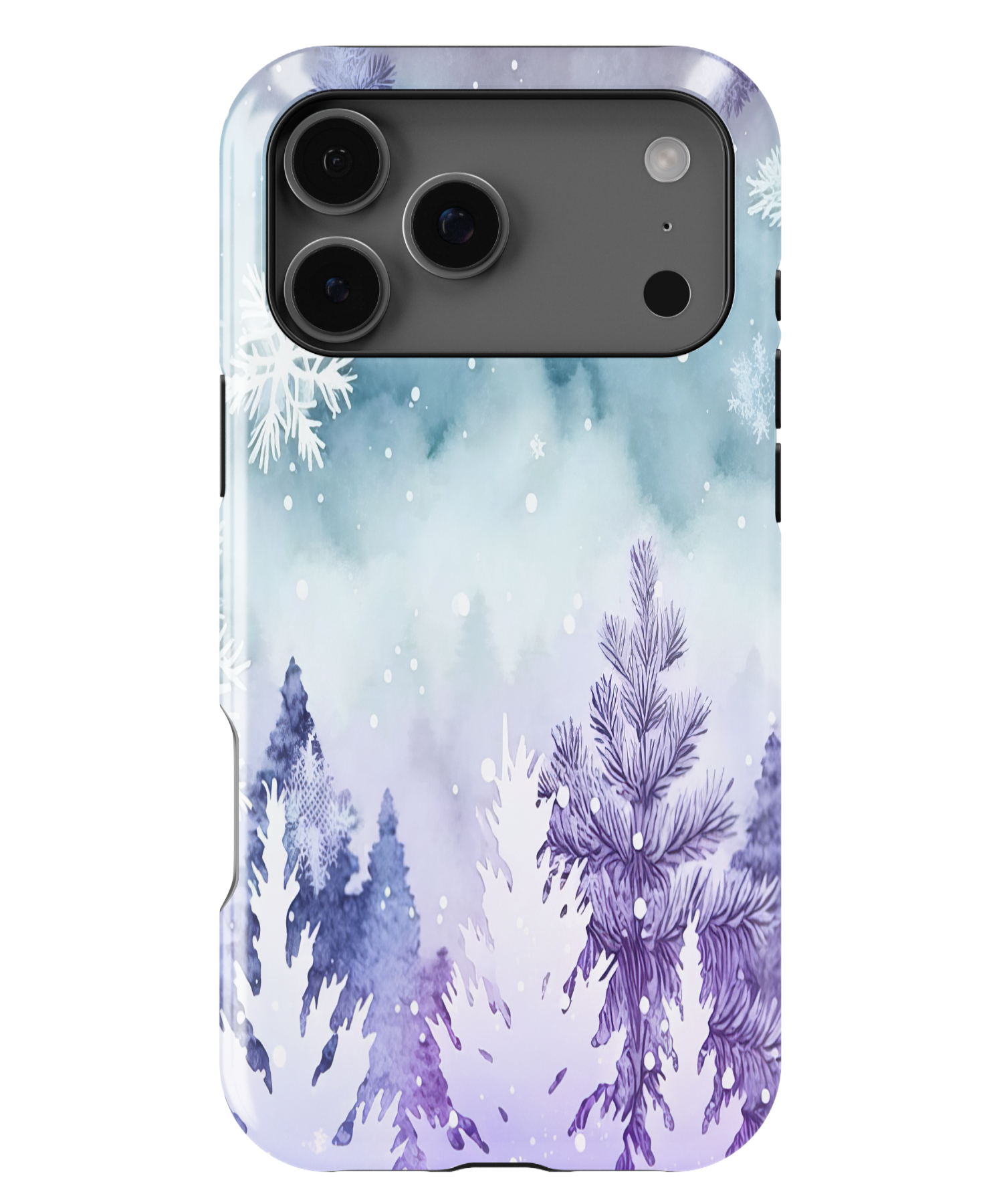 Phone case with a winter forest design featuring trees and snow on a white background